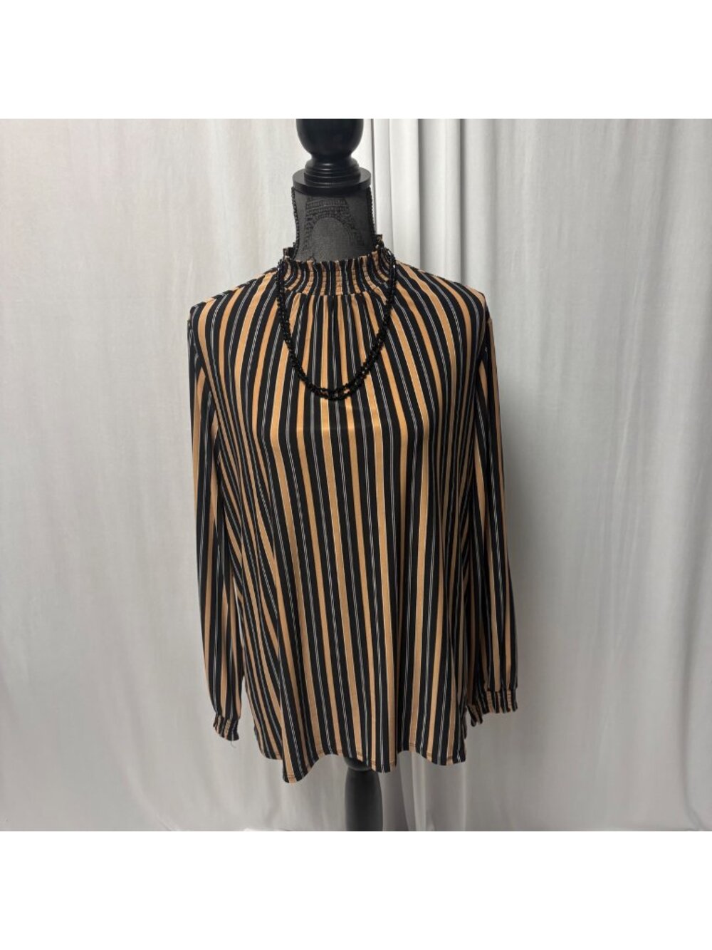 Anne Klein Long Sleeve Blouse Womens Sz XL Black Tan Striped Stretch Top Office